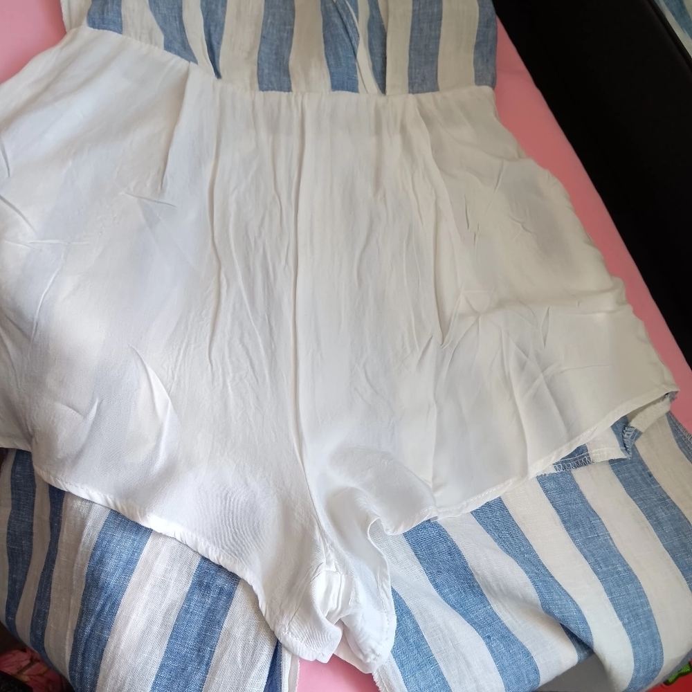 Miss Me jumpsuit Striped Linen White Blue pockets Summer Beach Vacation sz S - Picture 14 of 16